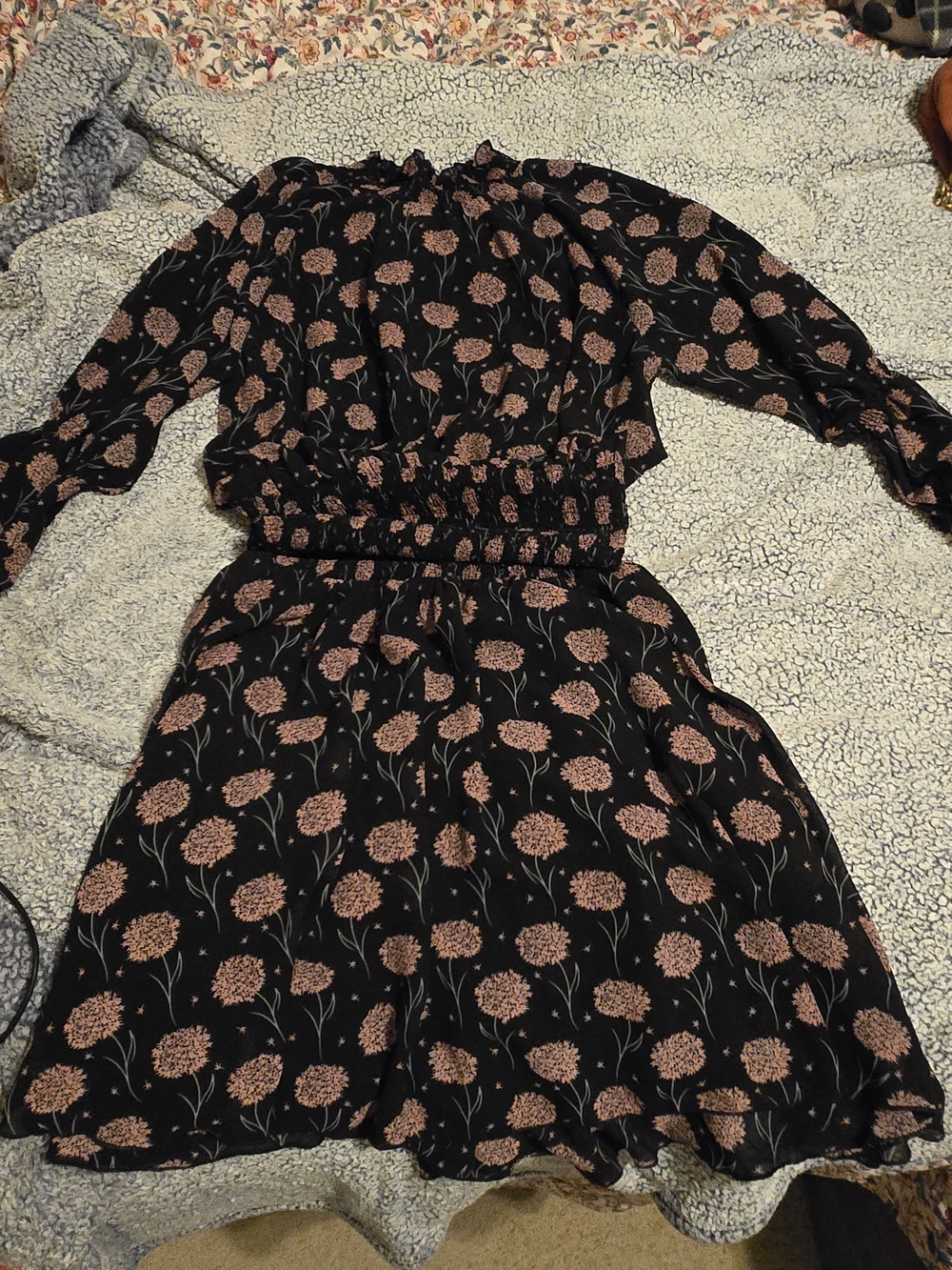 Floral Long-Sleeve Smocked Waist Dress - Black with Pink Floral - Picture 4 of 4